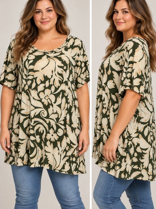 LANE Tops - Lane Bryant 18/20 Green Cream Floral Swing Tunic Top Rayon Stretch Plus Size